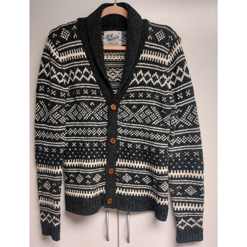 Topman Wool Blend Nordic Cozy Knit Cardigan in Black and White - Men's Small